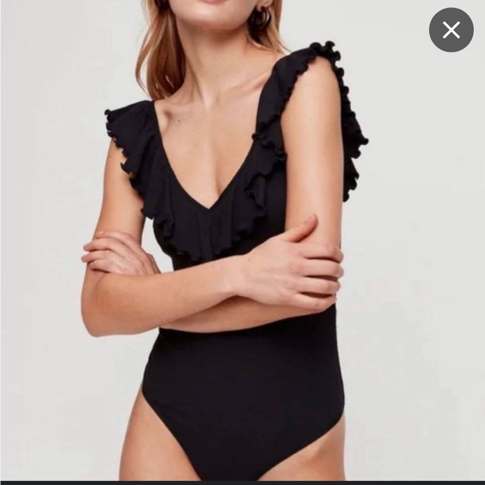 Wilfred Aritzia Ruffle Black Thong Bodysuit